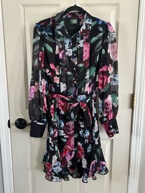 Alex Marie Floral Black Tie-Waist Shirt Dress Semi Sheer Sleeve Button Down Read
